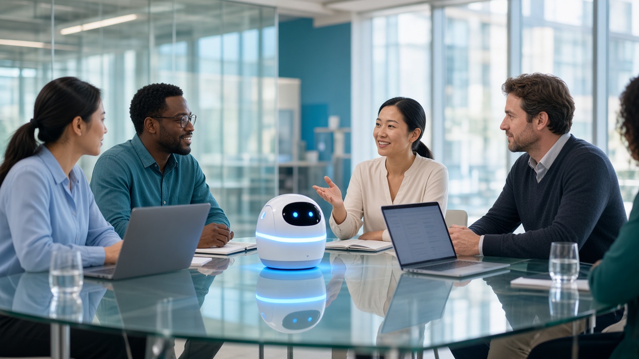 Team meeting with Recaply AI bot recording on the table