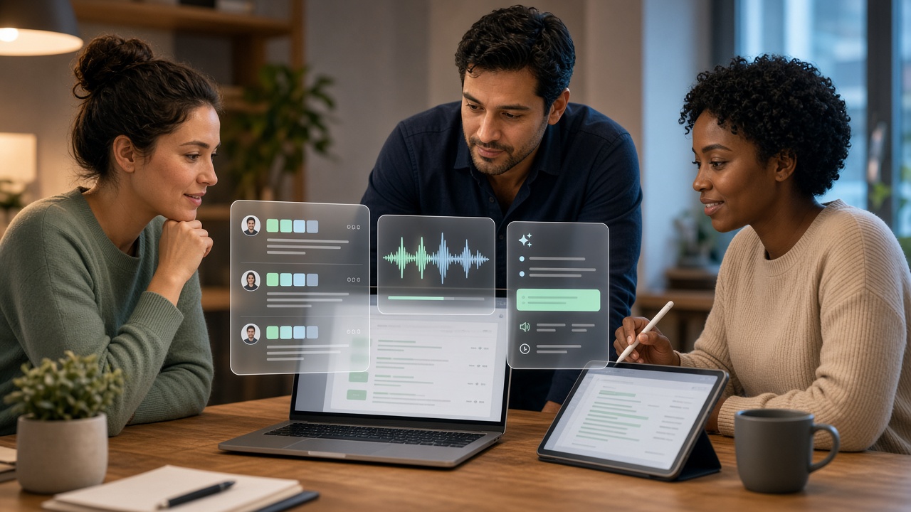 Team reviewing AI transcript and meeting summary