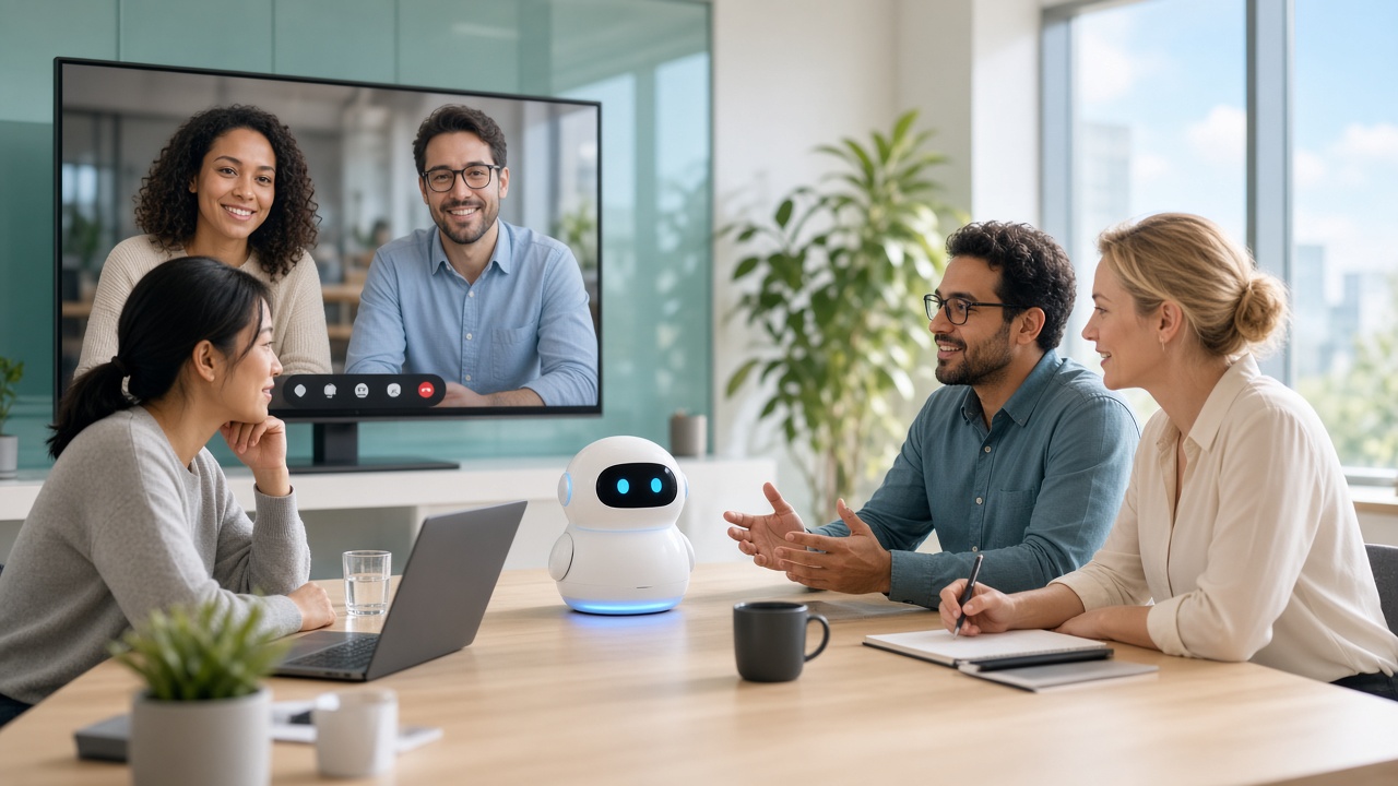 Hybrid meeting with Recaply AI bot recording in-person and remote participants